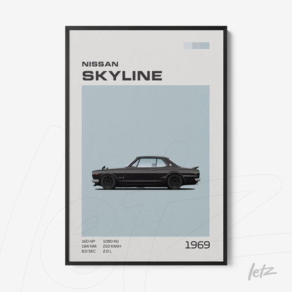 quadro emoldurado com ilustração do carro Nissan Skyline de 1969 em fundo azul claro