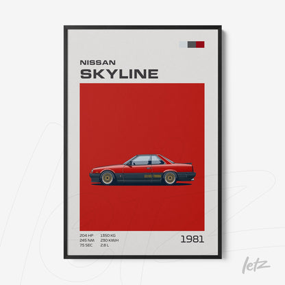 quadro com arte digital do carro Nissan Skyline de 1981 em moldura preta
