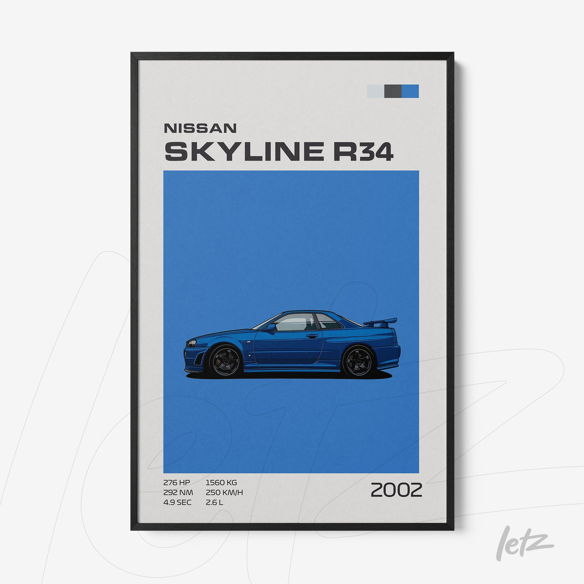 quadro com ilustração minimalista do carro Nissan Skyline R34 em fundo azul vibrante, com moldura preta