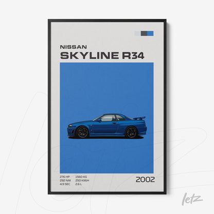 quadro com ilustração minimalista do carro Nissan Skyline R34 em fundo azul vibrante, com moldura preta
