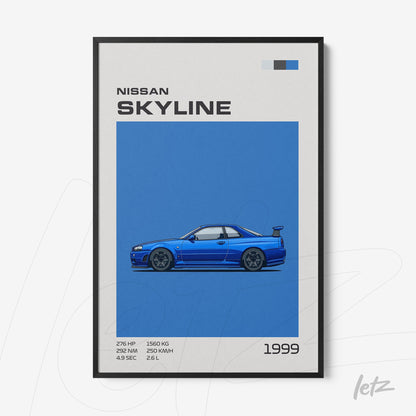 quadro com arte minimalista do carro Nissan Skyline 1999 em destaque sobre fundo azul