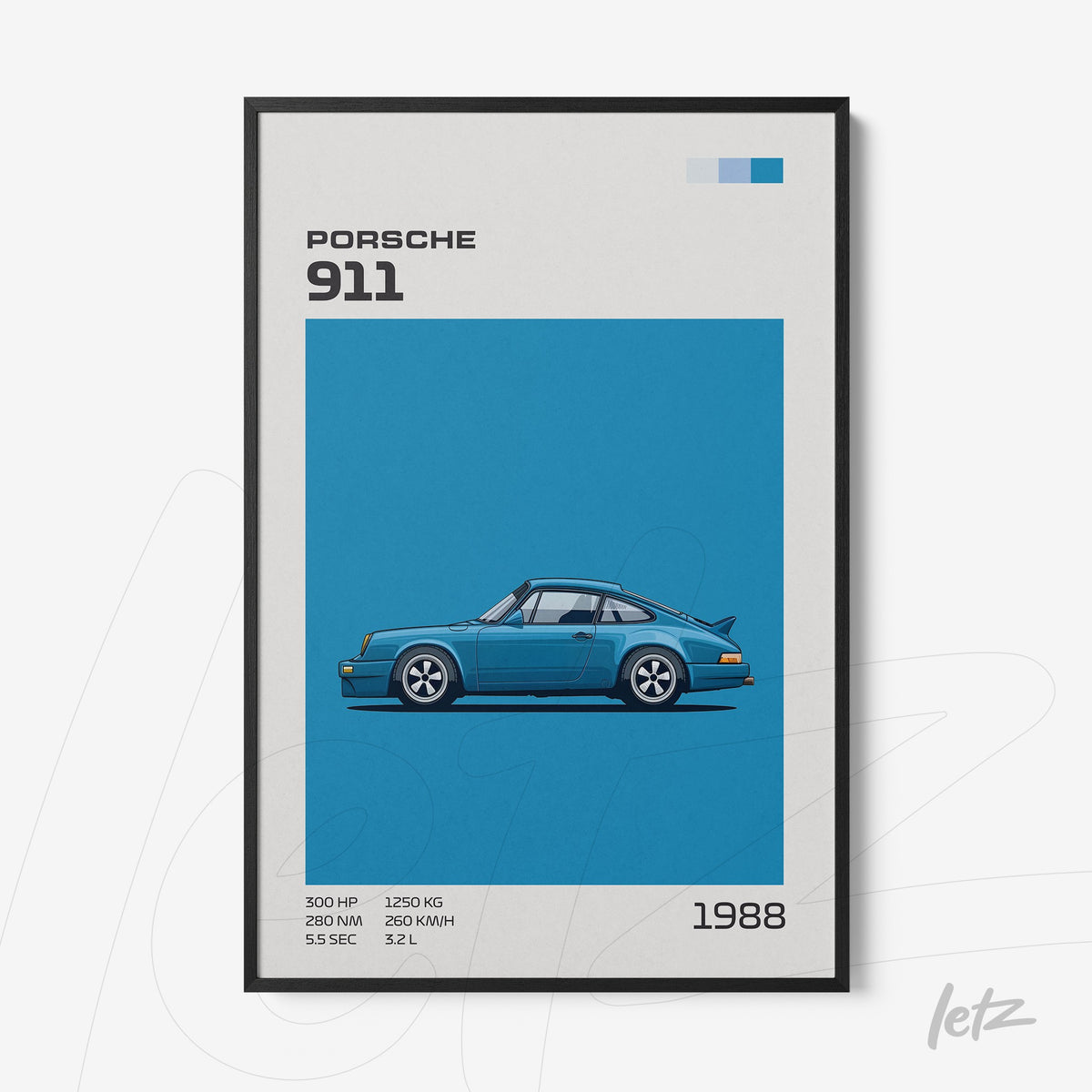 quadro com ilustração do carro esportivo Porsche 911 na cor azul, com fundo azul sólido e detalhes gráficos em preto