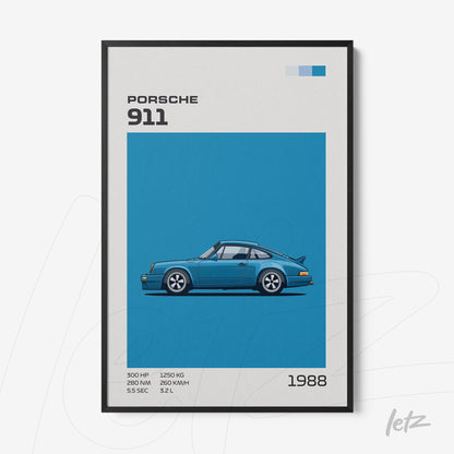 quadro com ilustração do carro esportivo Porsche 911 na cor azul, com fundo azul sólido e detalhes gráficos em preto