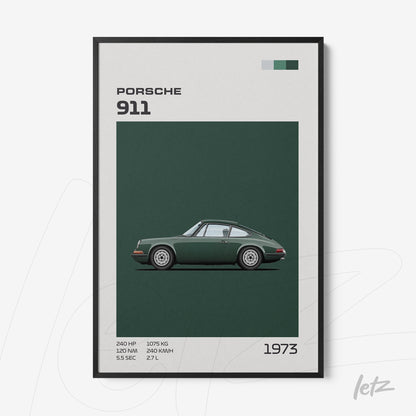 quadro decorativo com arte minimalista do carro Porsche 911 de 1973 em moldura preta