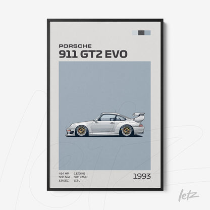quadro com arte digital de um Porsche 911 GT2 EVO de 1993, ilustração em estilo minimalista sobre fundo azul claro e moldura preta