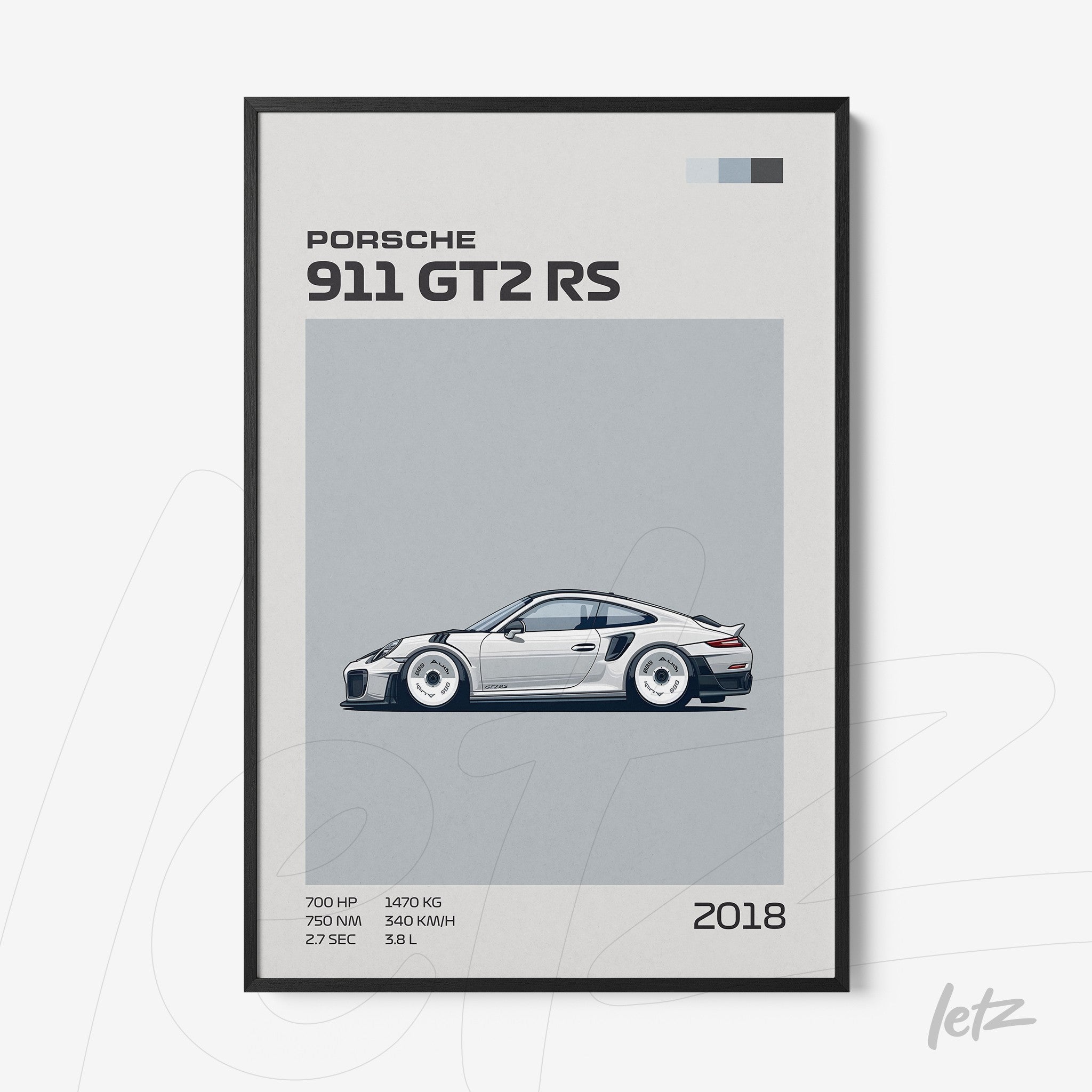 quadro com arte digital do carro Porsche 911 GT2 RS em moldura preta com detalhes em cinza