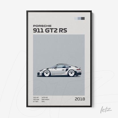 quadro com arte digital do carro Porsche 911 GT2 RS em moldura preta com detalhes em cinza