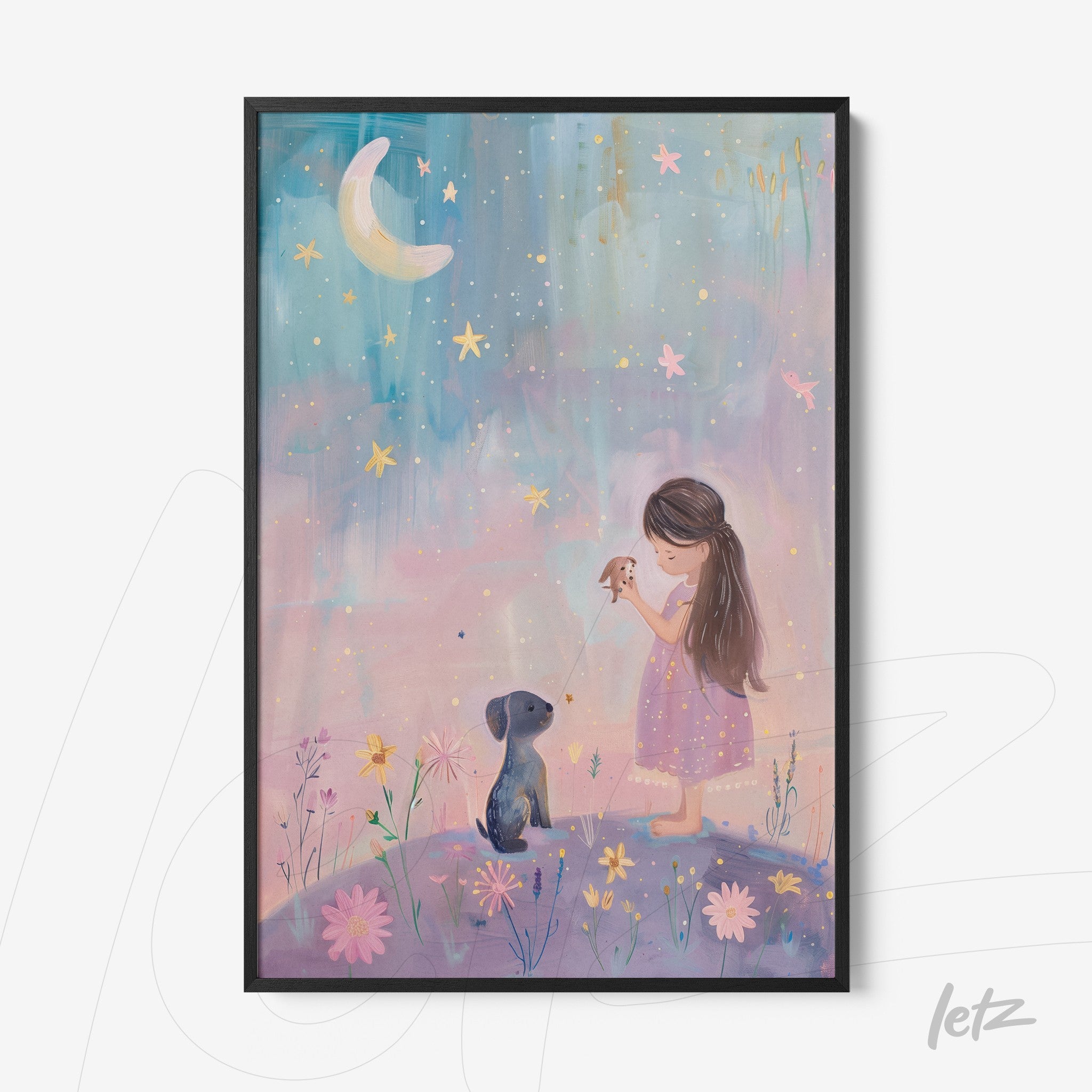 quadro com arte infantil de menina com vestido rosa e cachorro em fundo suave azul e lilás