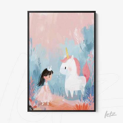 quadro com ilustração artística de menina com vestido rosa e unicórnio, moldura preta