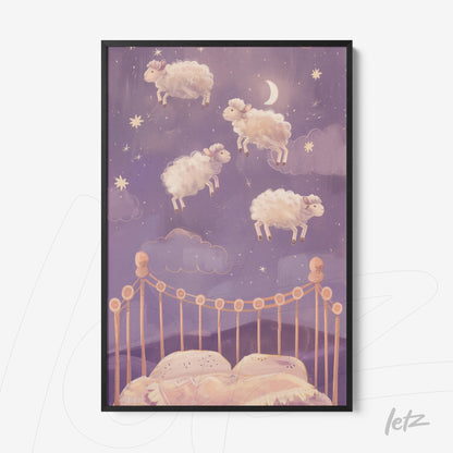 quadro com ilustração de ovelhas voadoras sobre uma cama em um fundo estrelado roxo