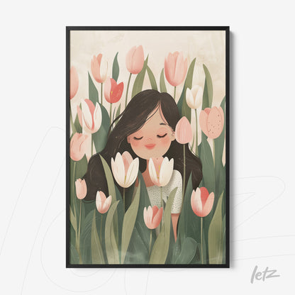 quadro com ilustração de menina cheirando flores em campo de tulipas, moldura preta