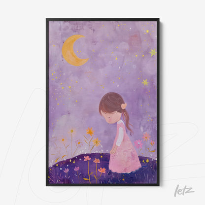 quadro com arte infantil de menina em vestido rosa em cenário noturno com flores e lua crescente, em moldura preta