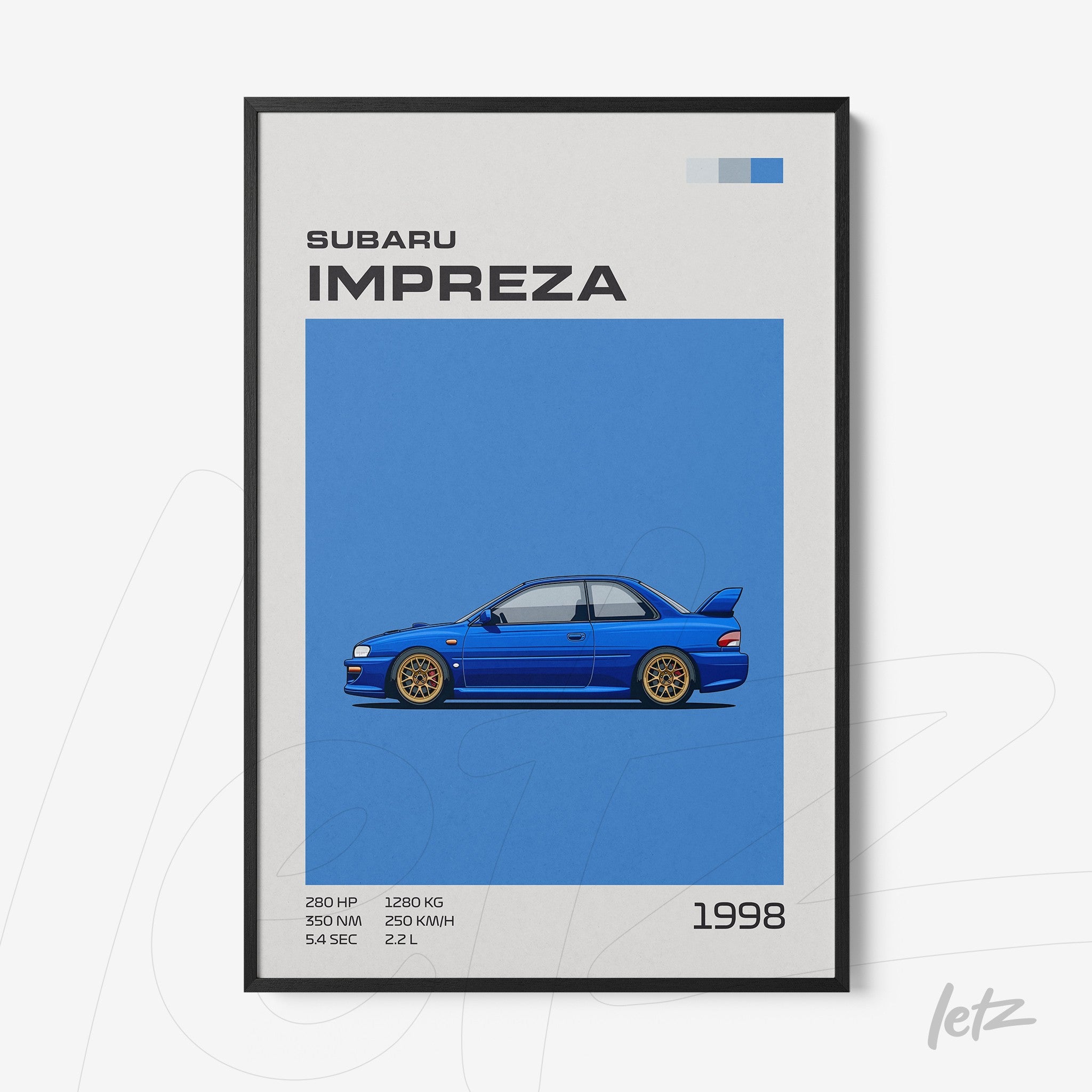 quadro com arte digital do carro Subaru Impreza em fundo azul com moldura preta