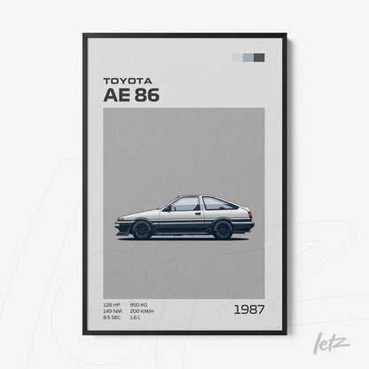 quadro com ilustração retrô do carro Toyota AE86 em moldura preta