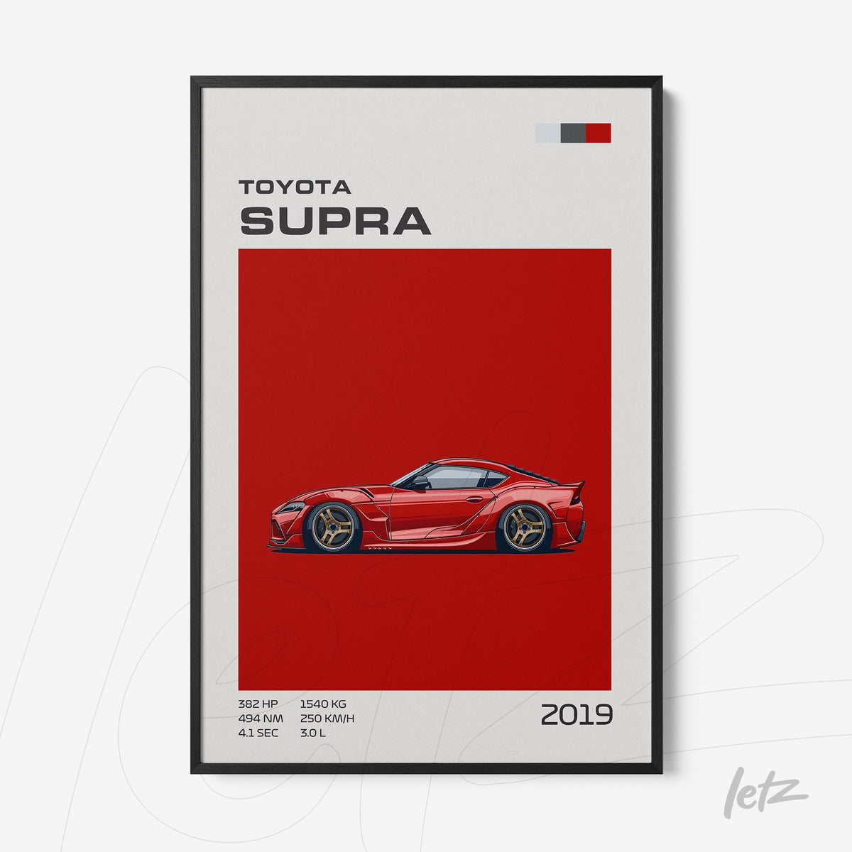 quadro com arte digital do carro Toyota Supra em fundo vermelho vibrante e moldura preta