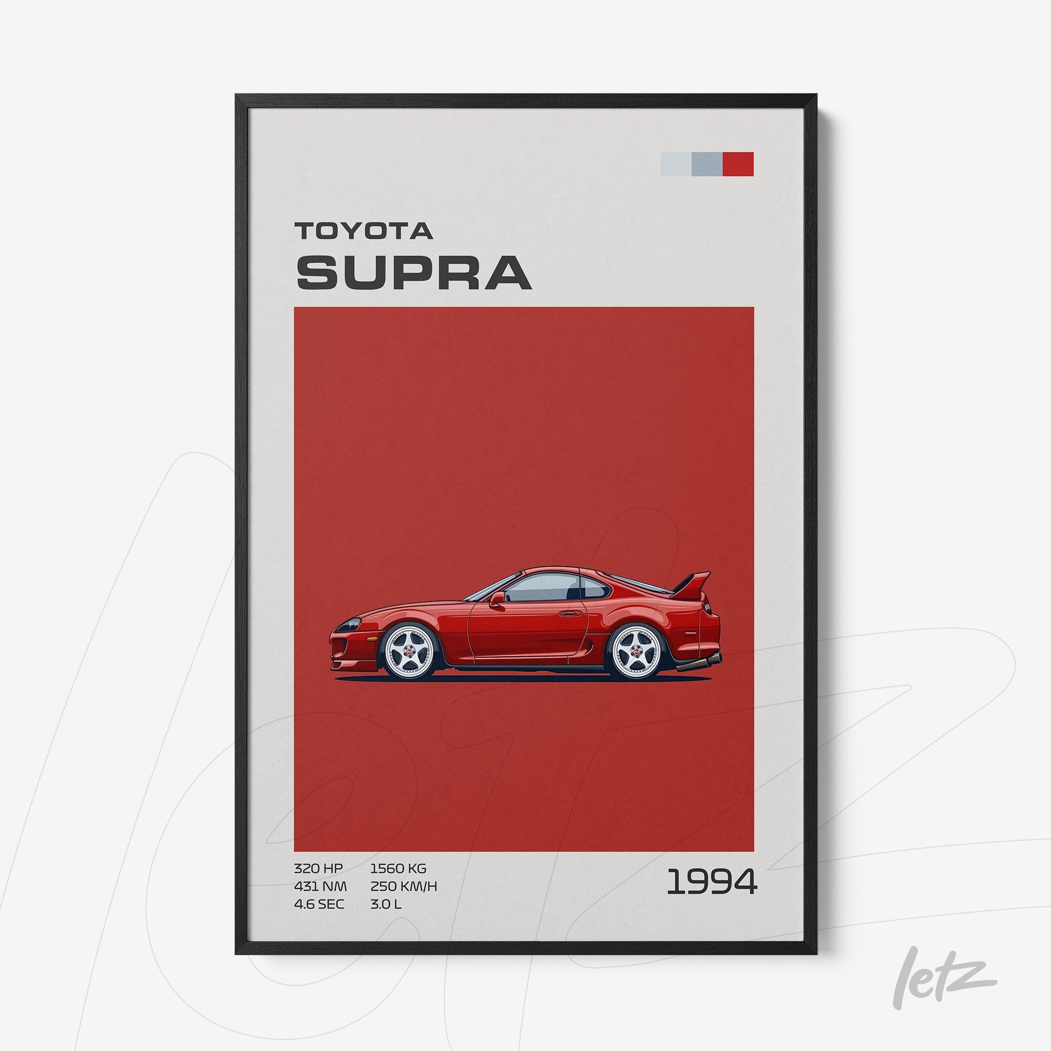 quadro com ilustração do carro Toyota Supra de 1994 em fundo vermelho e moldura preta