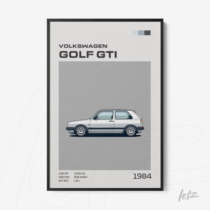 quadro com ilustração minimalista do carro Volkswagen Golf GTI em moldura preta