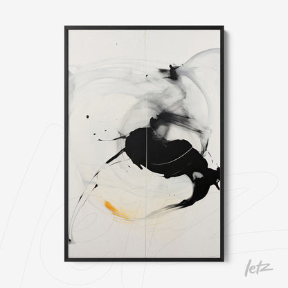 quadro com arte abstrata em preto e branco com detalhes em amarelo em moldura preta fina