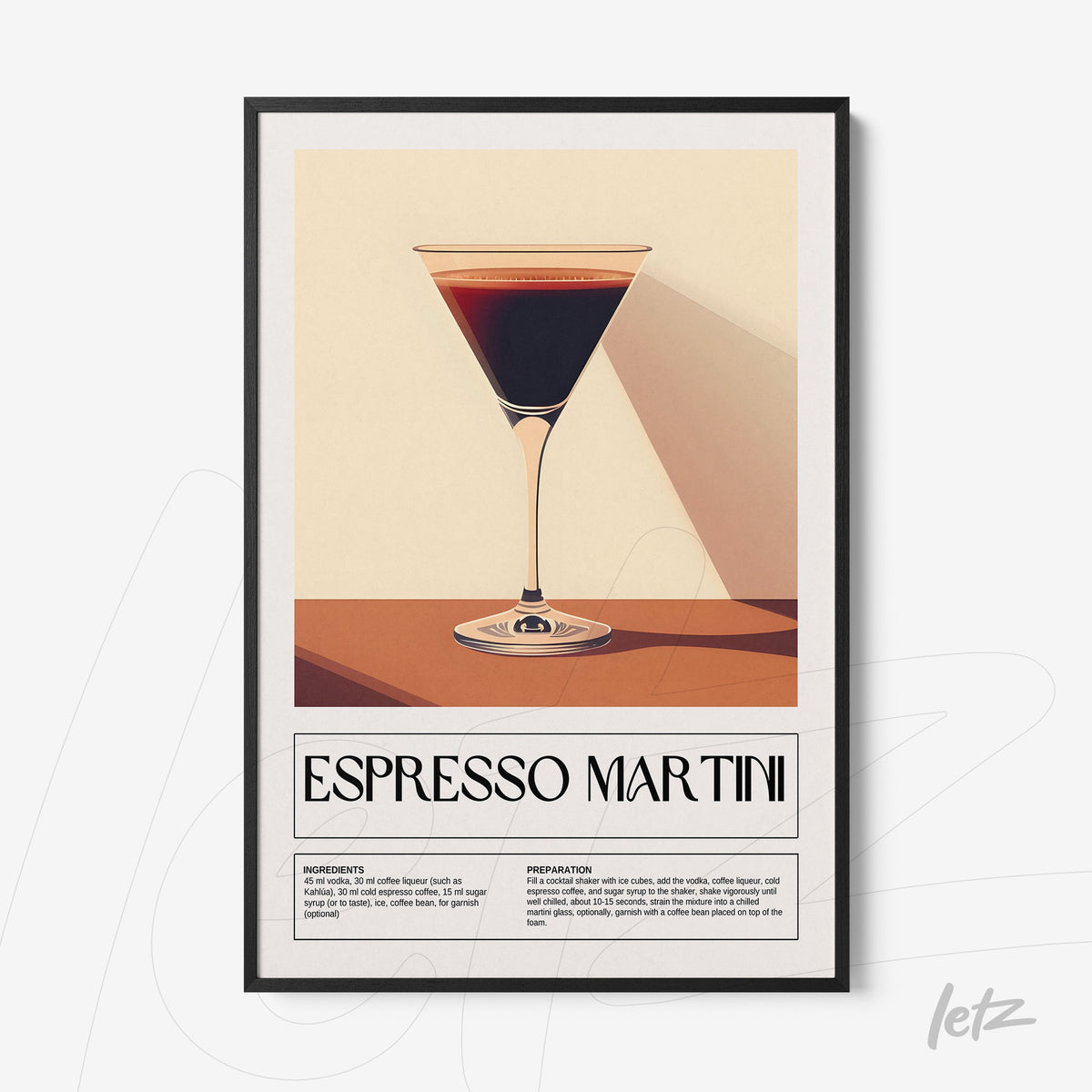 quadro com arte digital do drink espresso martini em moldura preta