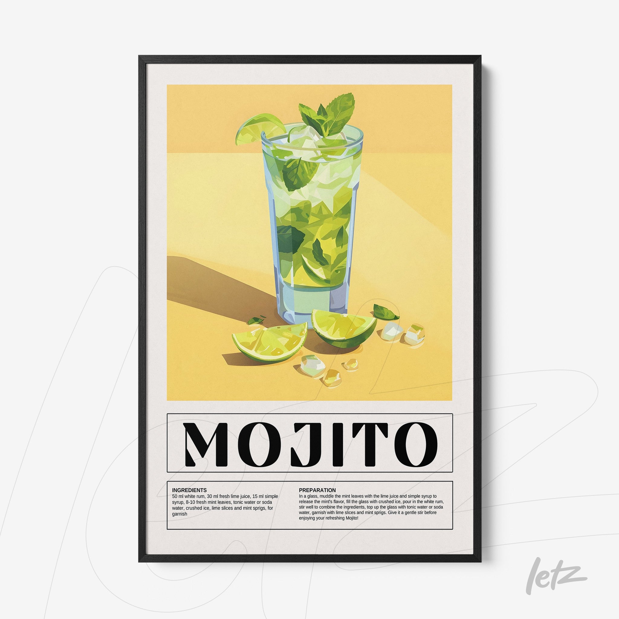 quadro com arte de drink mojito em moldura preta fina, destacando ingredientes frescos e fundo amarelo