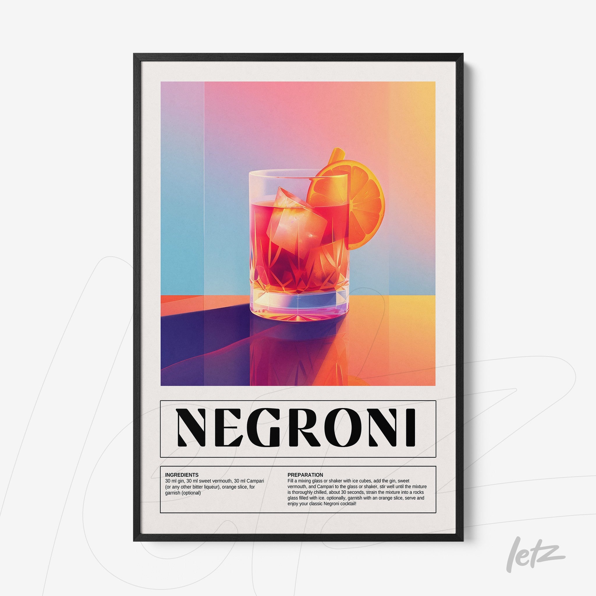 quadro emoldurado com arte estilizada de drink Negroni, apresentando um copo com gelo e uma fatia de laranja, fundo em gradiente vibrante de laranja e azul