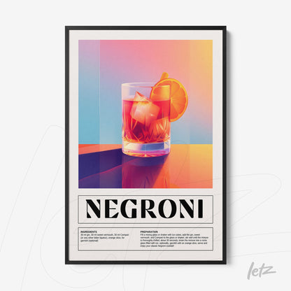 quadro emoldurado com arte estilizada de drink Negroni, apresentando um copo com gelo e uma fatia de laranja, fundo em gradiente vibrante de laranja e azul