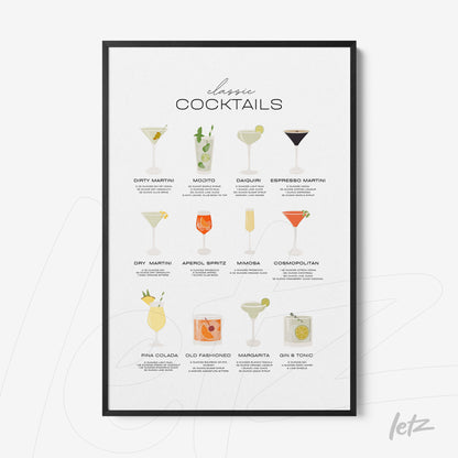 quadro com arte ilustrativa dos clássicos cocktails em moldura preta elegante