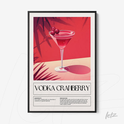 quadro com arte ilustrativa de drink vodka cranberry em moldura preta, fundo rosa vibrante com sombras de plantas