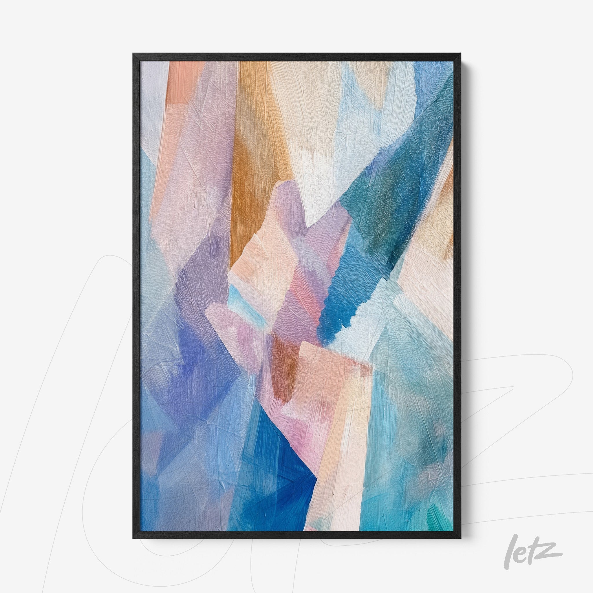 quadro com arte abstrata em tons de azul, rosa e bege, em moldura preta