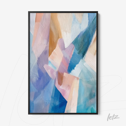 quadro com arte abstrata em tons de azul, rosa e bege, em moldura preta
