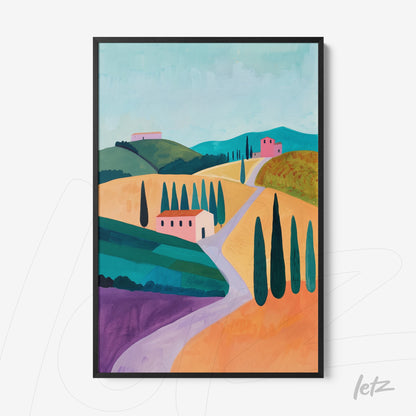 quadro com arte digital de paisagem italiana, destacando colinas verdes, cypress altos e pequenas casas em tons de rosa e branco, com moldura preta