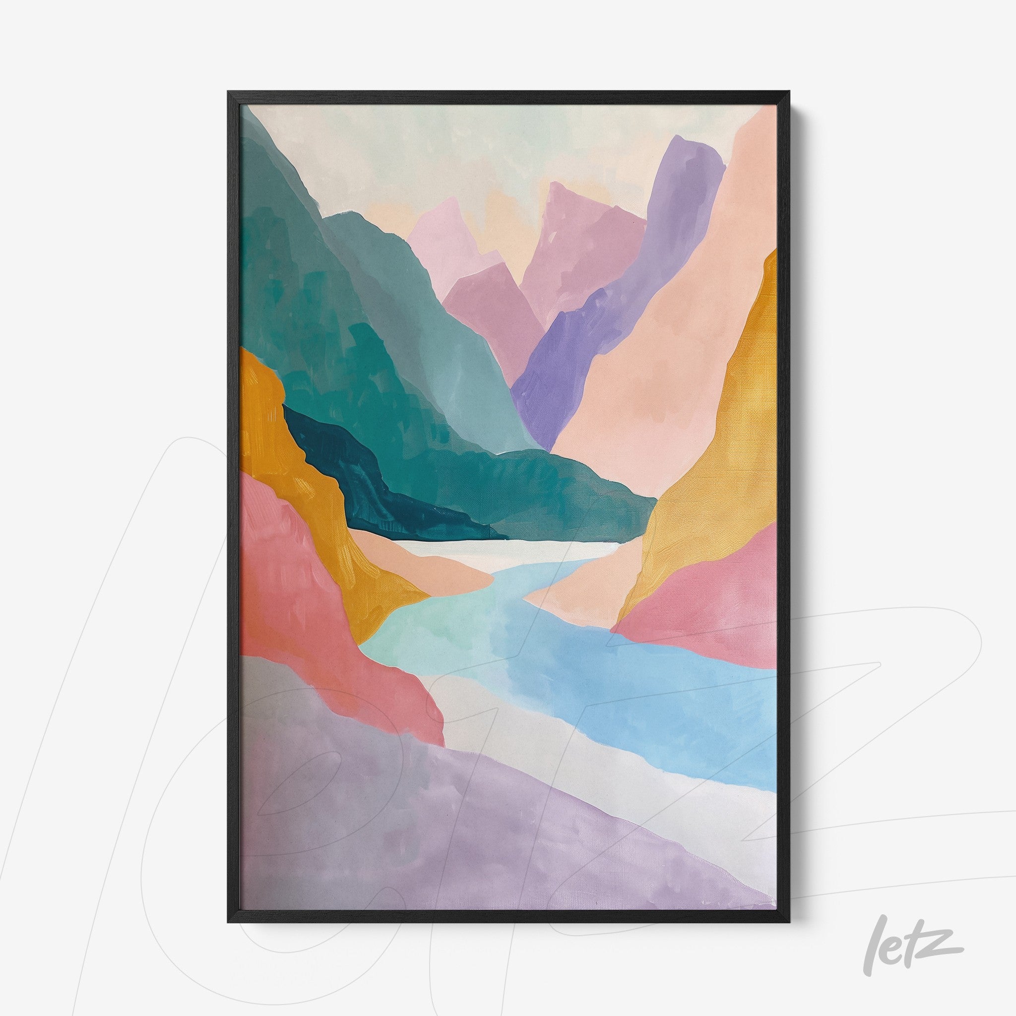 quadro com arte abstrata de paisagem montanhosa em moldura preta, com formações coloridas em tons de rosa, azul e verde sobre fundo claro