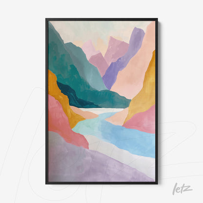 quadro com arte abstrata de paisagem montanhosa em moldura preta, com formações coloridas em tons de rosa, azul e verde sobre fundo claro