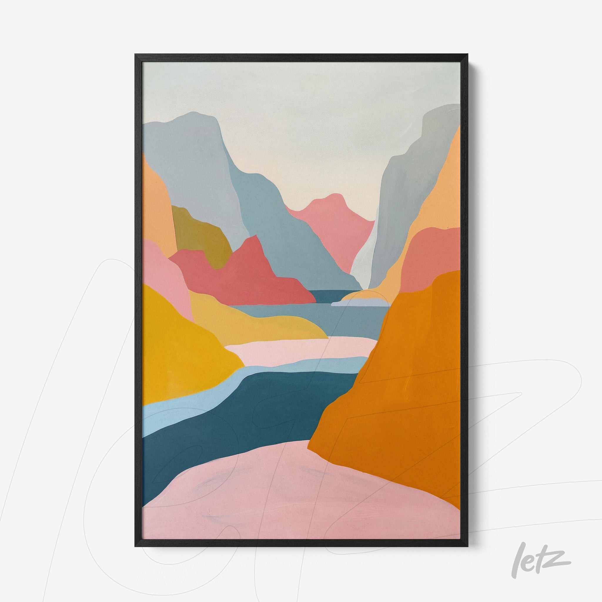 quadro com paisagem abstrata em tons de rosa, azul e laranja, em moldura preta