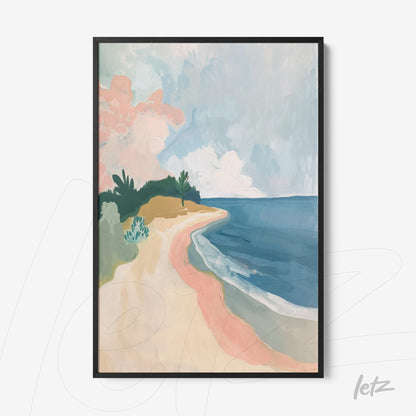 quadro com arte abstrata de paisagem costeira em moldura preta fina