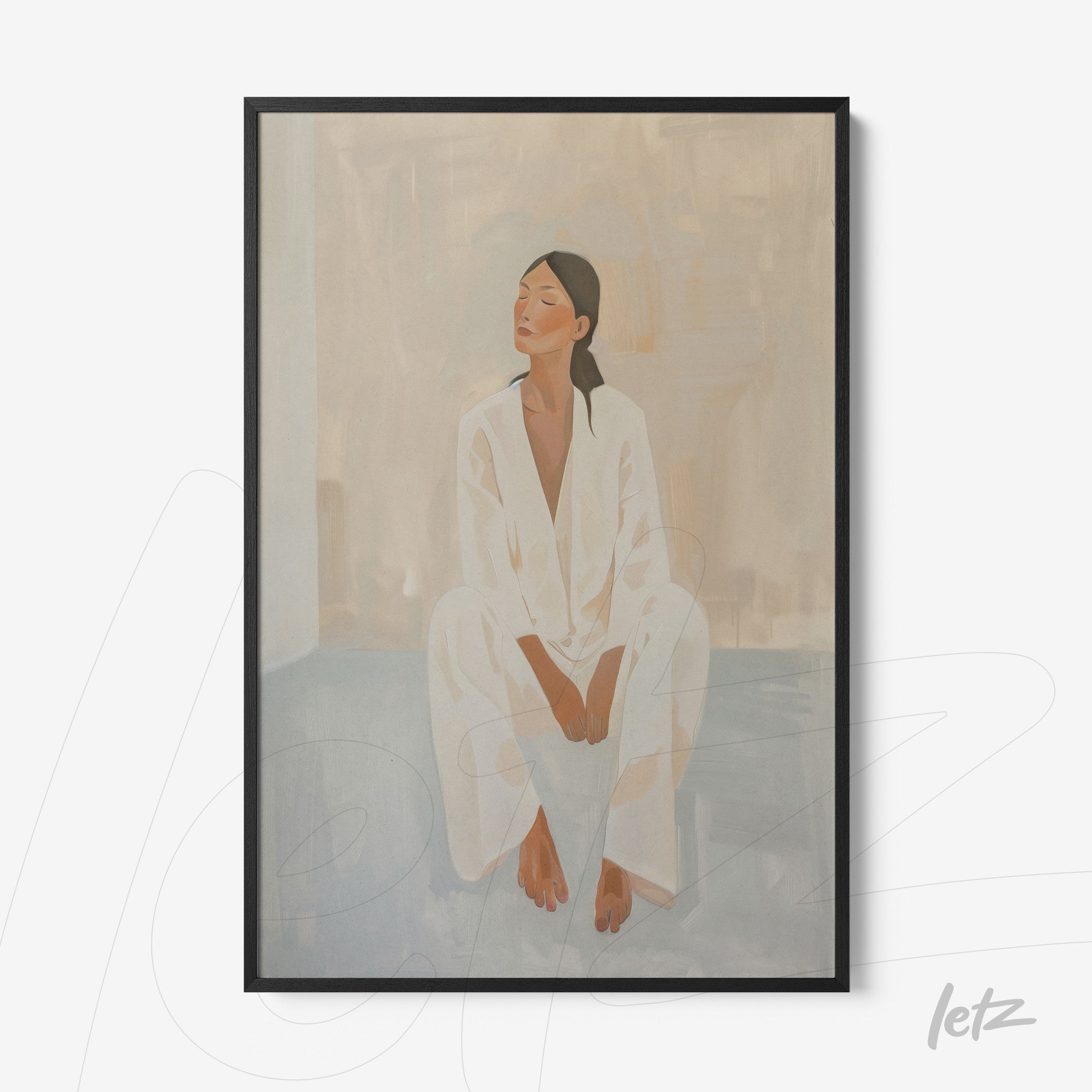 quadro com arte minimalista de mulher sentada vestindo roupa clara em moldura preta
