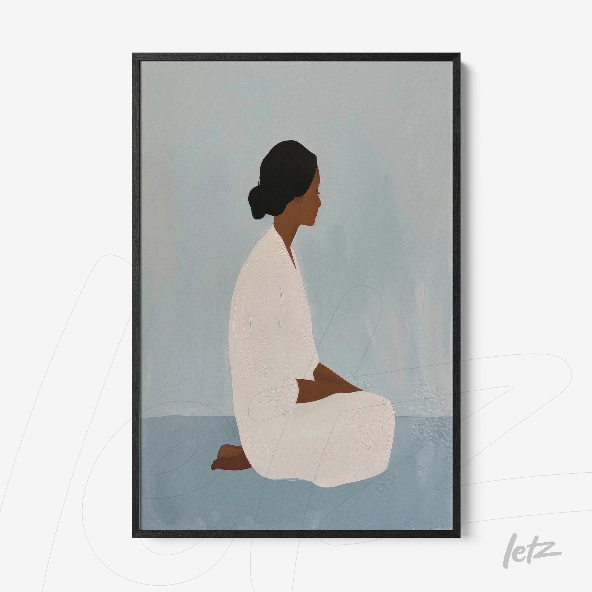 quadro com arte minimalista de mulher sentada em tons neutros, com moldura preta