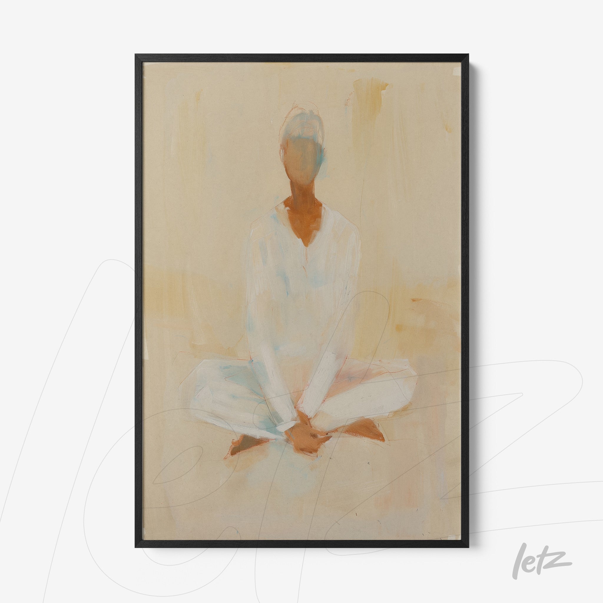 quadro com arte abstrata de figura humana sentada em tons neutros, moldura preta fina