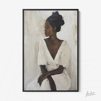 quadro com retrato de mulher de pele escura usando vestido branco em fundo claro, moldura preta