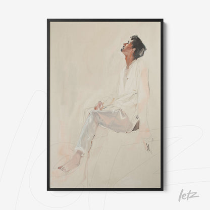 quadro com arte figurativa de uma pessoa sentada, com expressão contemplativa, moldura preta