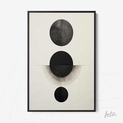quadro com arte abstrata em preto e branco com círculos geométricos em fundo claro e moldura preta