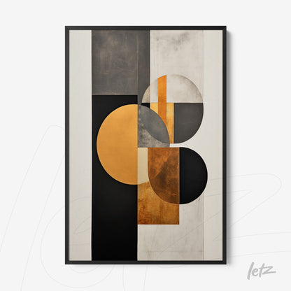 quadro com arte abstrata utilizando formas geométricas em tons de preto, cinza e dourado com moldura preta