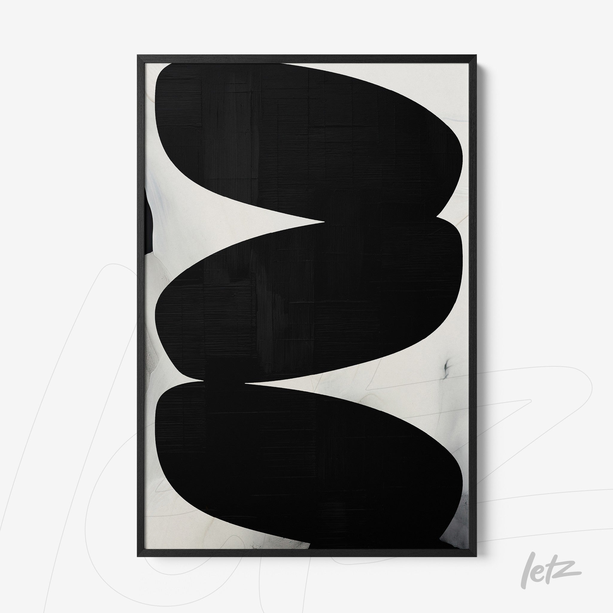 quadro com arte abstrata em preto e branco com formas onduladas e moldura preta fina