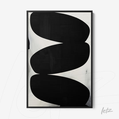 quadro com arte abstrata em preto e branco com formas onduladas e moldura preta fina