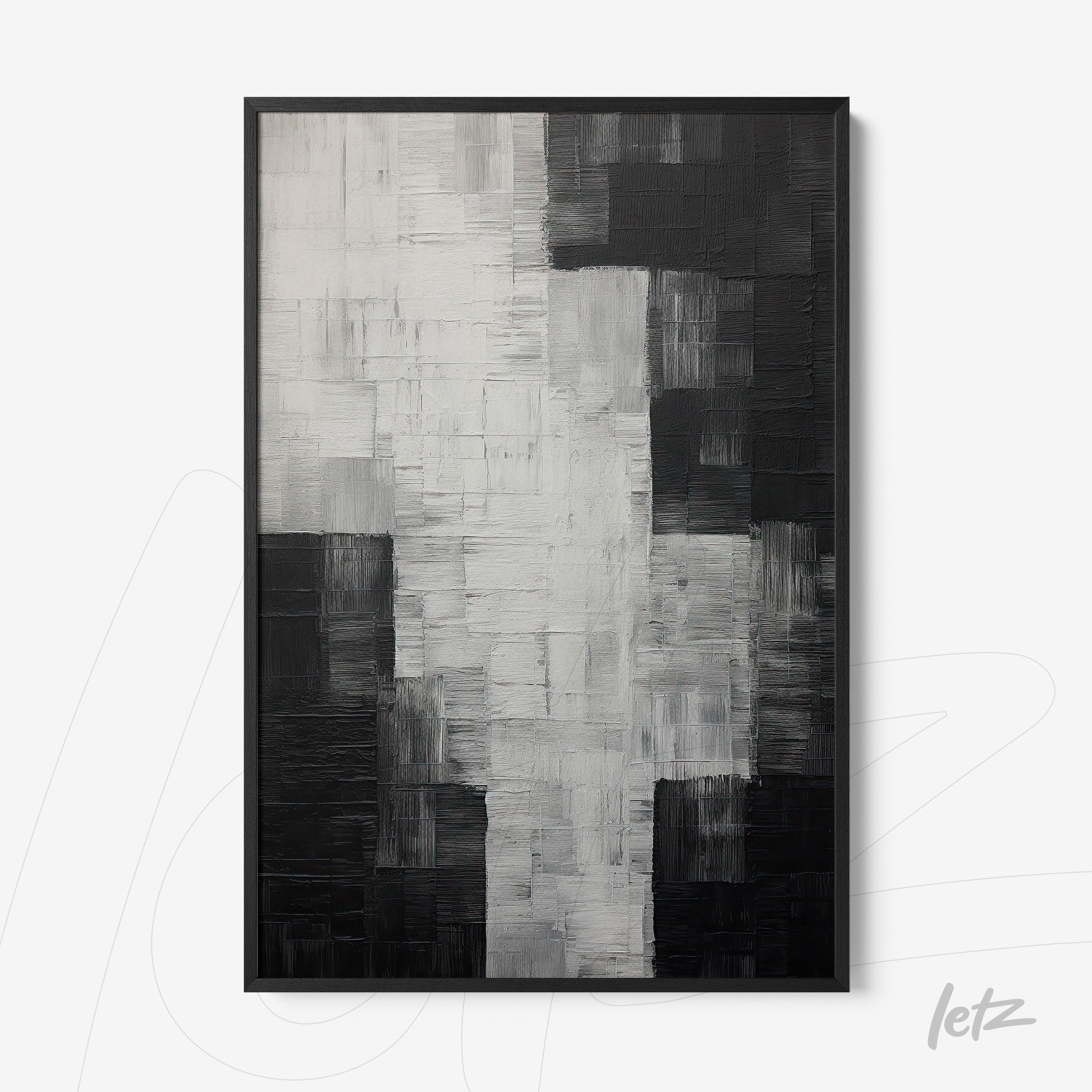 quadro abstrato em preto e branco com textura tridimensional em moldura preta