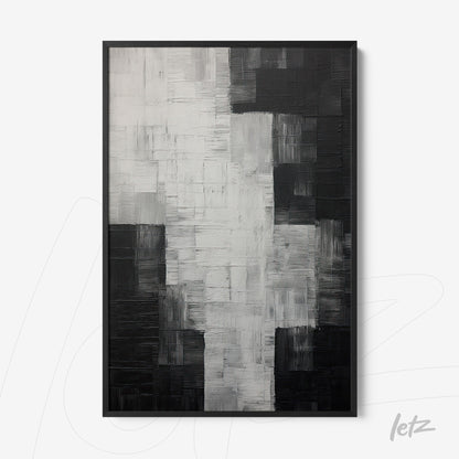 quadro abstrato em preto e branco com textura tridimensional em moldura preta