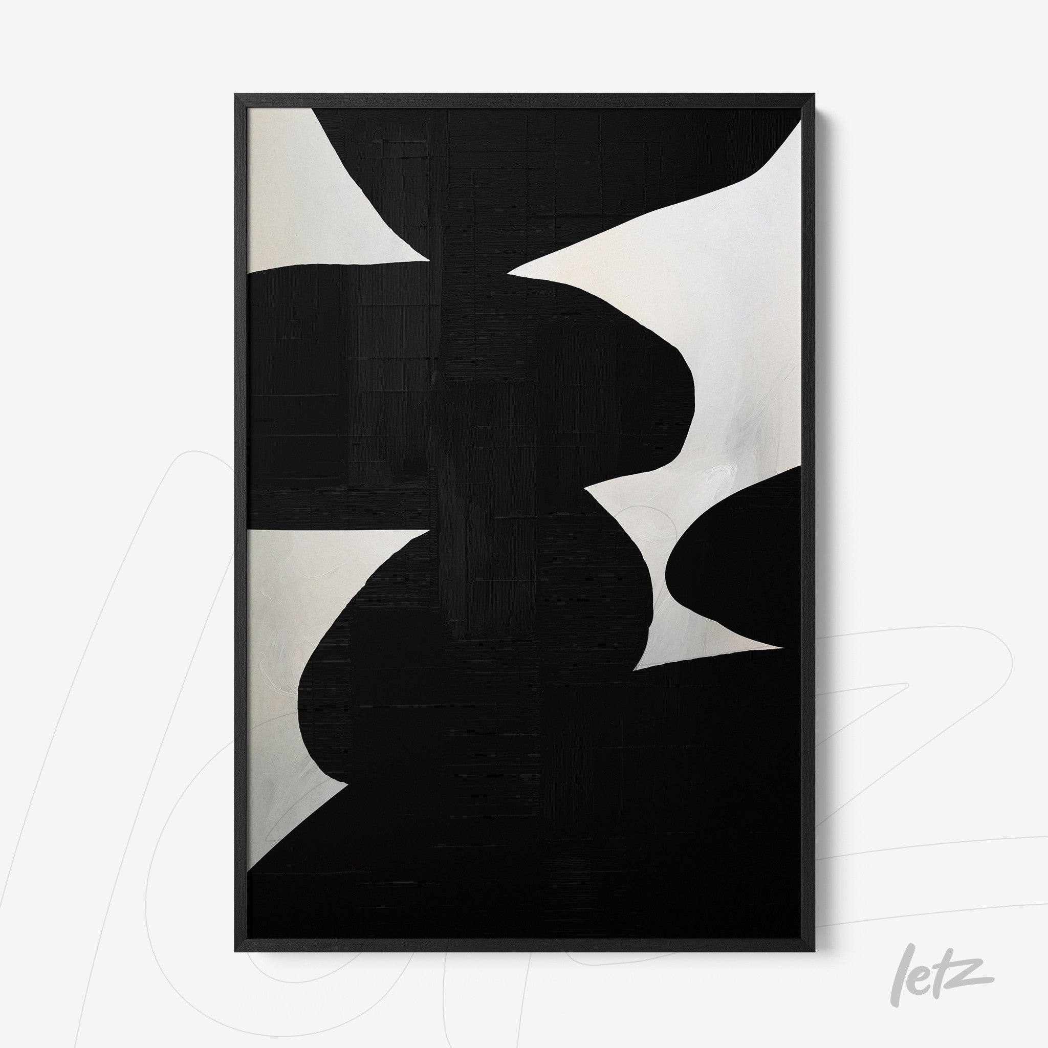 quadro com arte abstrata em preto e branco, exibido em moldura preta fina