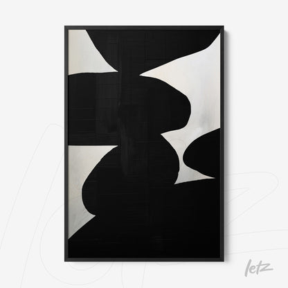 quadro com arte abstrata em preto e branco, exibido em moldura preta fina