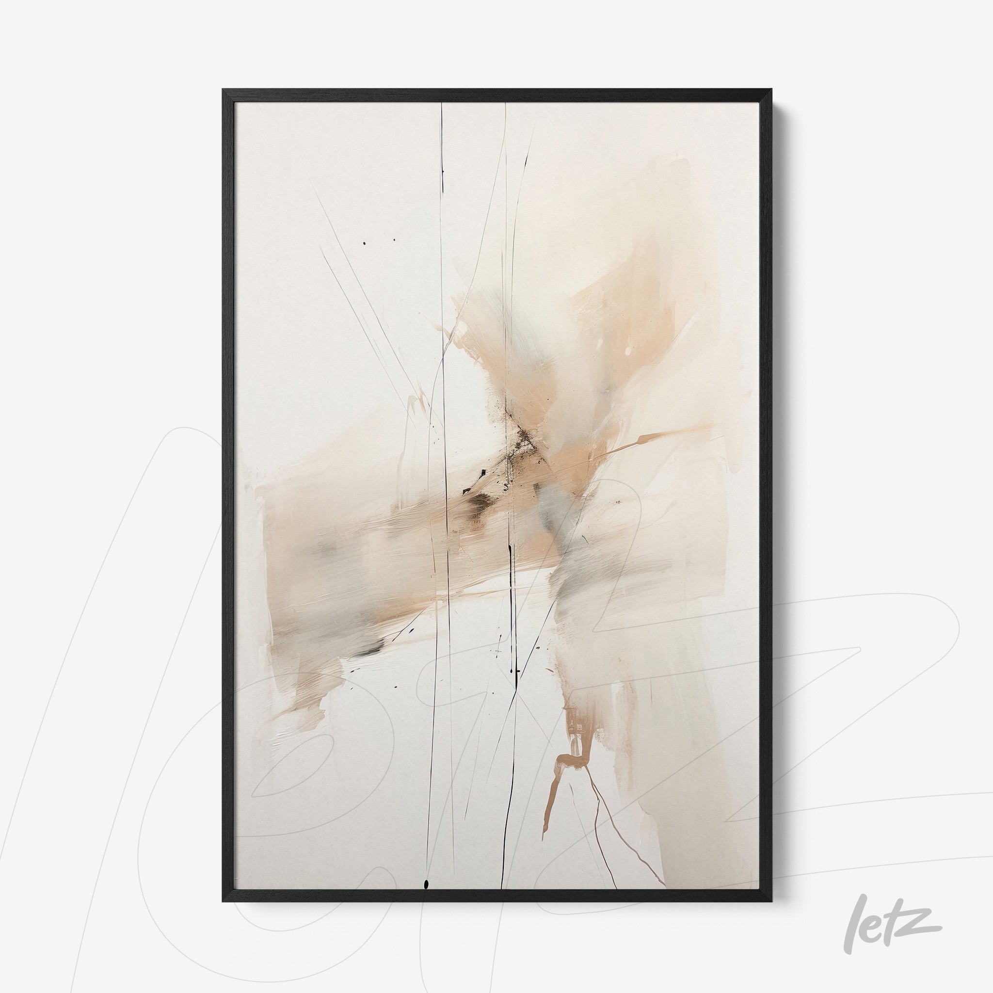 quadro abstrato em tons neutros com linhas finas e texturas, moldura preta