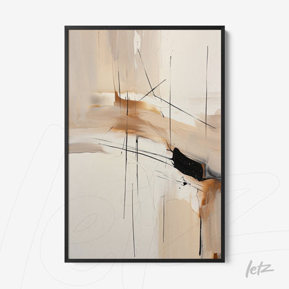 quadro abstrato com linhas pretas e tons terrosos, em moldura preta